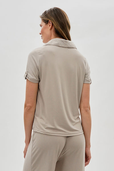 Costa Blanca Short Sleeve Split Neck Blouse - Stone - Womens Shirts & Blouses - Fairweather