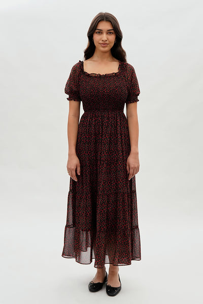 Costa Blanca Smocked Short Sleeve Maxi Dress - Black - Womens Maxi Dresses - Fairweather