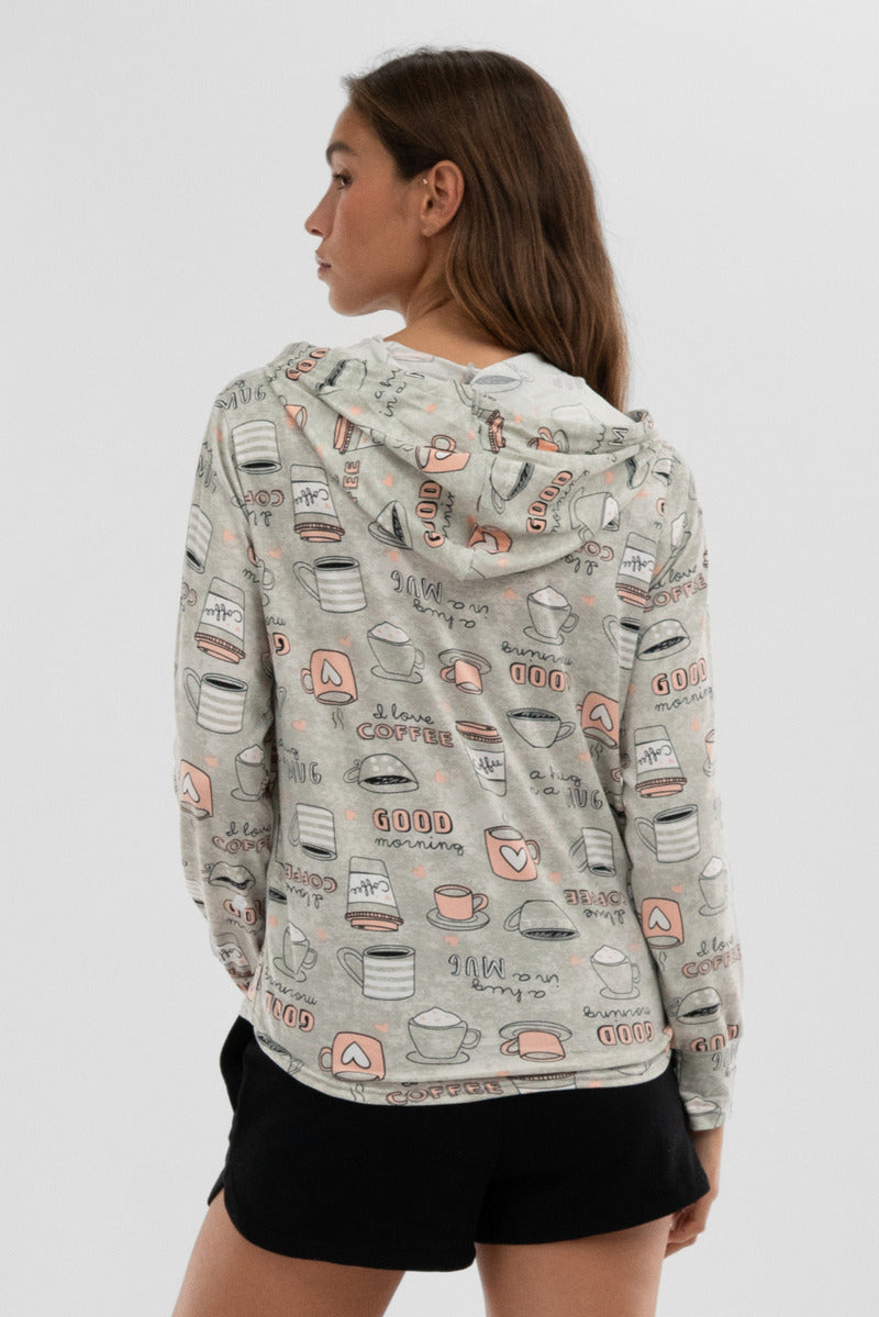 Canada Weather Gear Coffee Print Hooded Pajama Top - Grey - Womens Pajamas - Fairweather