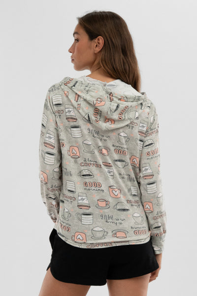 Canada Weather Gear Coffee Print Hooded Pajama Top - Grey - Womens Pajamas - Fairweather