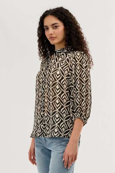 Costa Blanca Patterned Sheer Button Down Blouse - Cream - Womens Shirts & Blouses - Fairweather