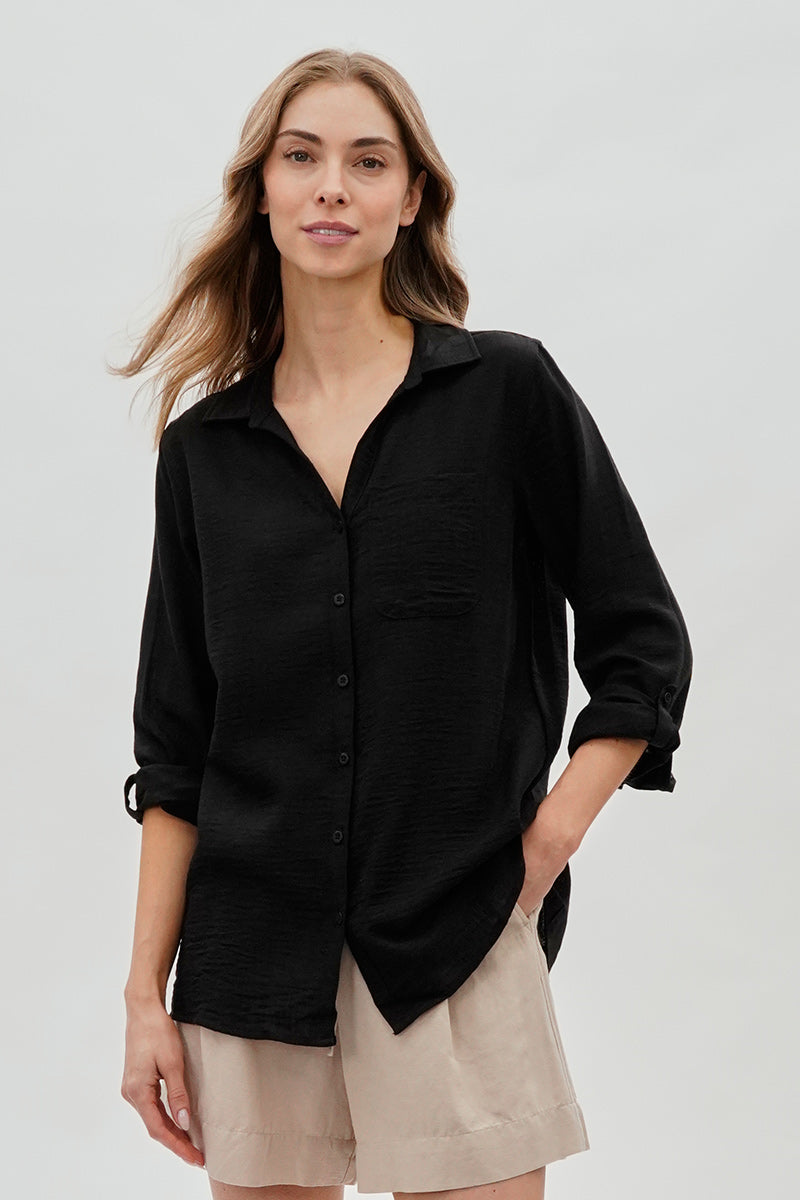 Super Triple Goose Vintage Textured Button Up Shirt - Black - Womens Shirts & Blouses - Fairweather
