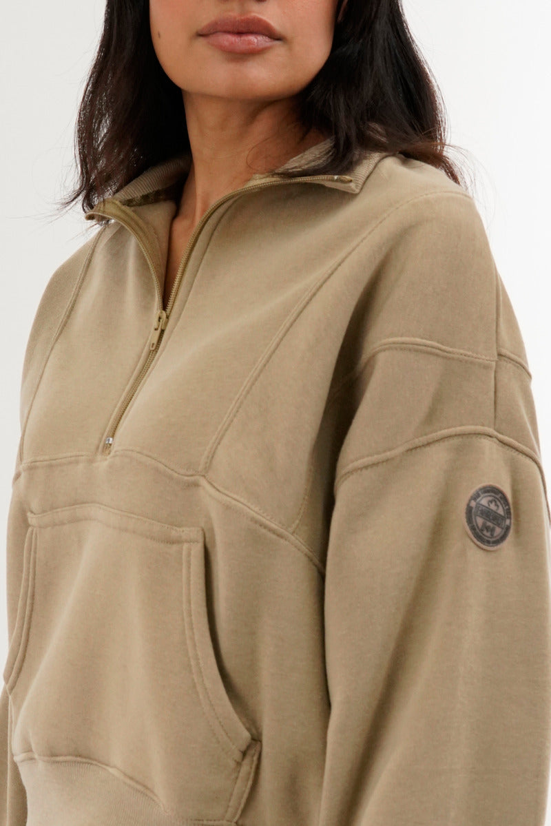 Fahrenheit Half Zip Cropped Sweatshirt - Beige - Womens Hoodies & Sweatshirts - Fairweather