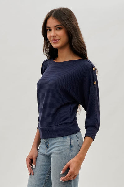 International INC Company Ribbed Button Detail Pullover Sweater - Navy - Womens Pullover Sweaters - Fairweather