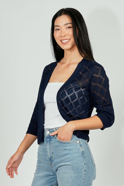 Beechers Brook Diamond Knit 3/4 Sleeve Open Cardigan - Navy - Womens Cardigans - Fairweather