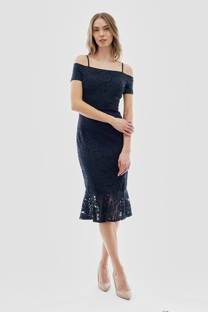 Costa Blanca Lace Off Shoulder Side Slit Cocktail Dress - Navy - Womens Cocktail Dresses - Fairweather