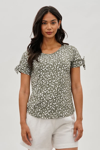 International INC Company Floral Tie Sleeve Tee - Olive - Womens Tees & Tank Tops - Fairweather