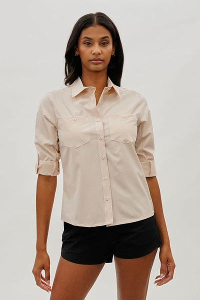 Canada Weather Gear Button Up Utility Shirt - Beige - Womens Shirts & Blouses - Fairweather