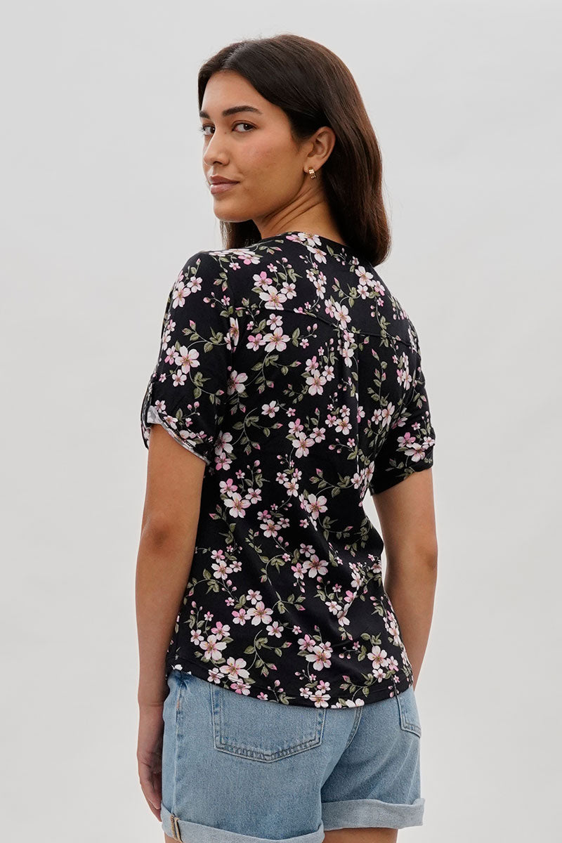 International INC Company Floral Short Sleeve Blouse - Black - Womens Shirts & Blouses - Fairweather