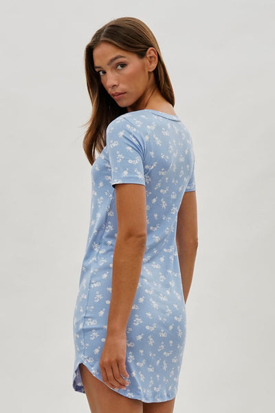 Runaway Bay Floral Short Sleeve Henley Day Dress - Blue - Womens Day Dresses - Fairweather