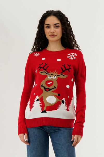 Festive Dancing Reindeer Christmas Sweater - Red - Womens Christmas Sweaters - Fairweather