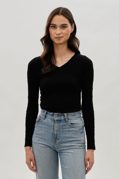 International INC Company Ribbed V-Neck Long Sleeve Top - Black - Womens Long Sleeve Tops - Fairweather