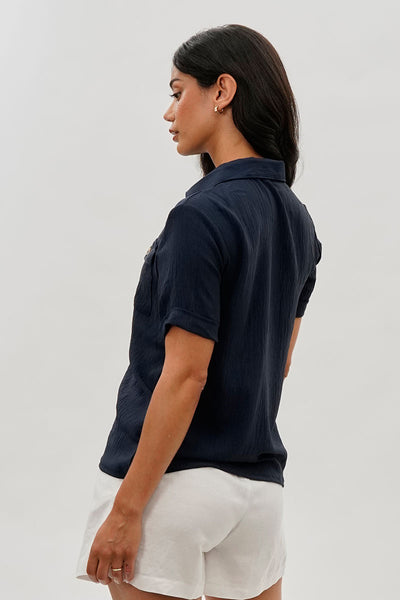 Stylexchange Vintage Button Down Short Sleeve Shirt - Navy - Womens Shirts & Blouses - Fairweather