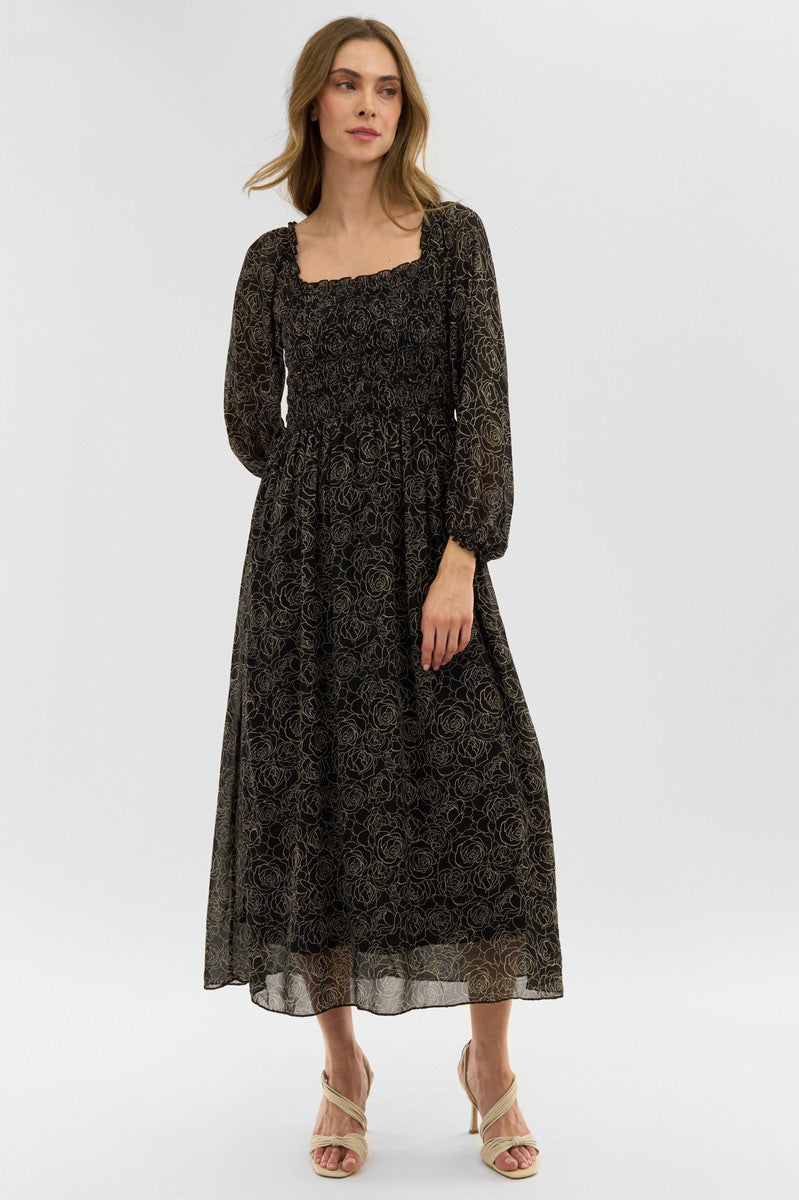 Floral Long Sleeve Smocked Maxi Dress - Black Floral Long Sleeve Smocked Maxi Dress - Black