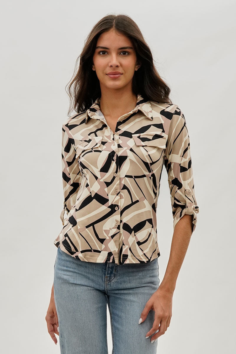 International INC Company Patterned Button Up Shirt - Beige - Womens Shirts & Blouses - Fairweather