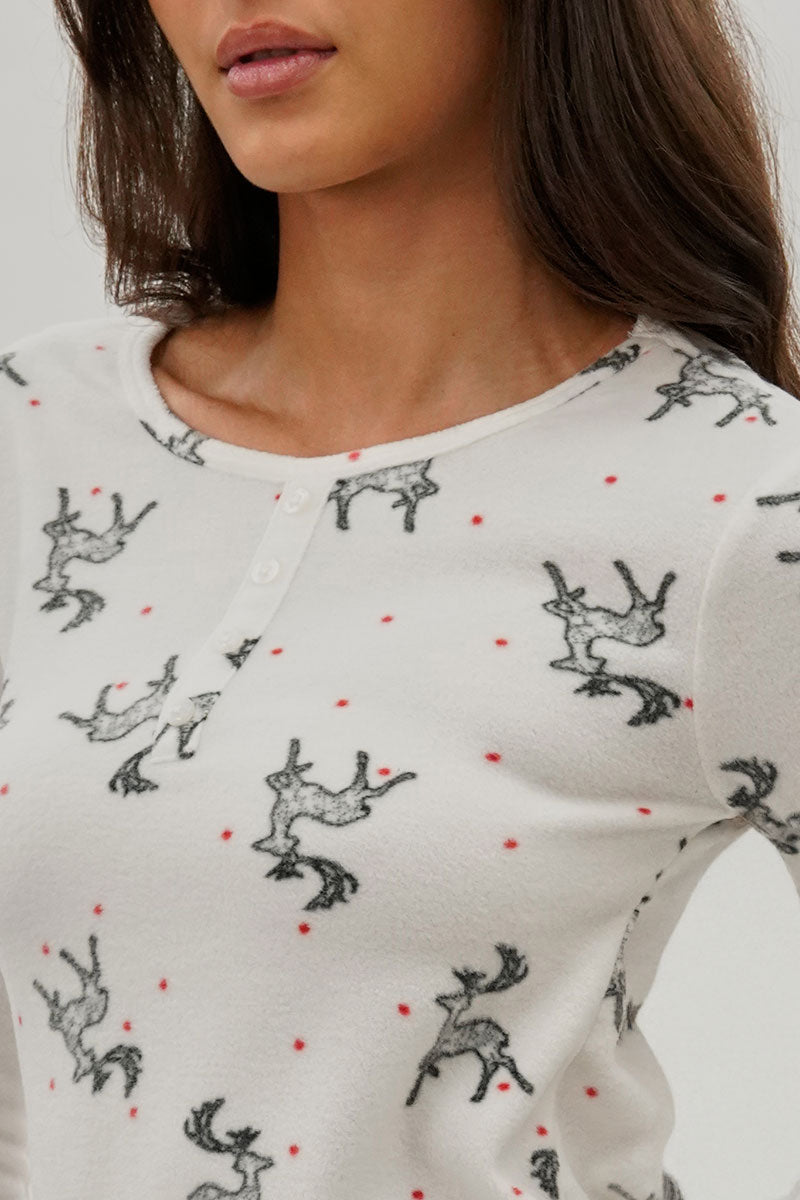 Canada Weather Gear Reindeer Print Henley Pajama Top - White - Womens Pajamas - Fairweather