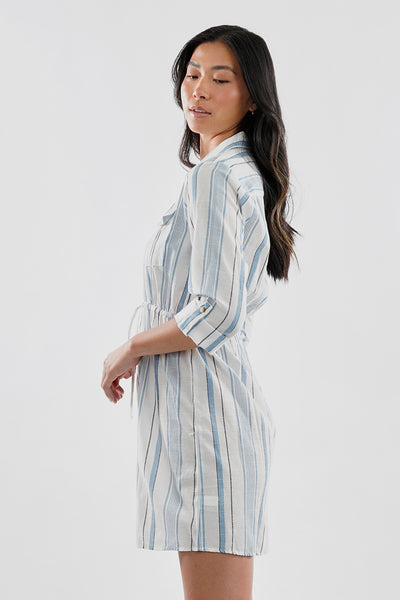 Beechers Brook Striped Roll Up Sleeve Flap Pocket Day Dress - Blue - Womens Day Dresses - Fairweather