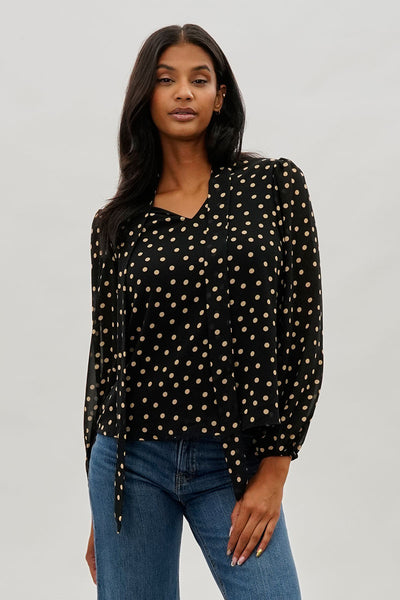 Beechers Brook Dotted Tie-Neck Long Sleeve Blouse - Black - Womens Shirts & Blouses - Fairweather