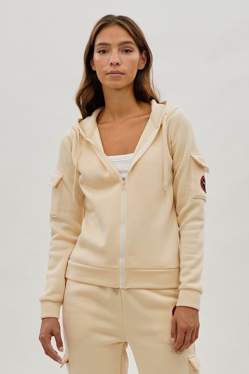 Sweat à capuche zippé Fahrenheit avec poche utilitaire - Crème