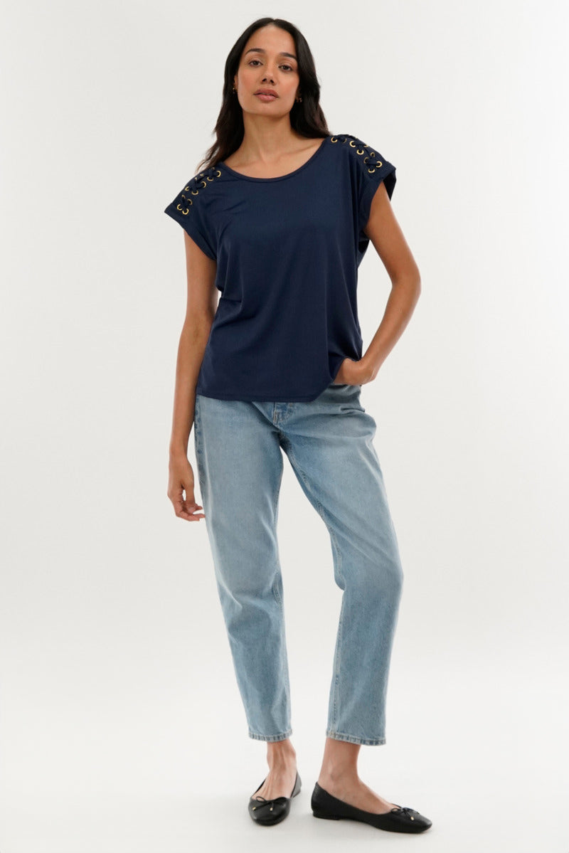 International INC Company Shoulder Lace Up Tee - Navy - Womens Tees & Tank Tops - Fairweather