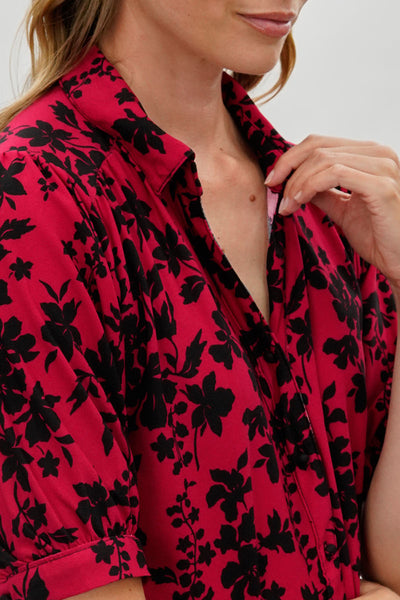 Beechers Brook Floral Puff Sleeve Button Down Blouse - Red - Womens Shirts & Blouses - Fairweather