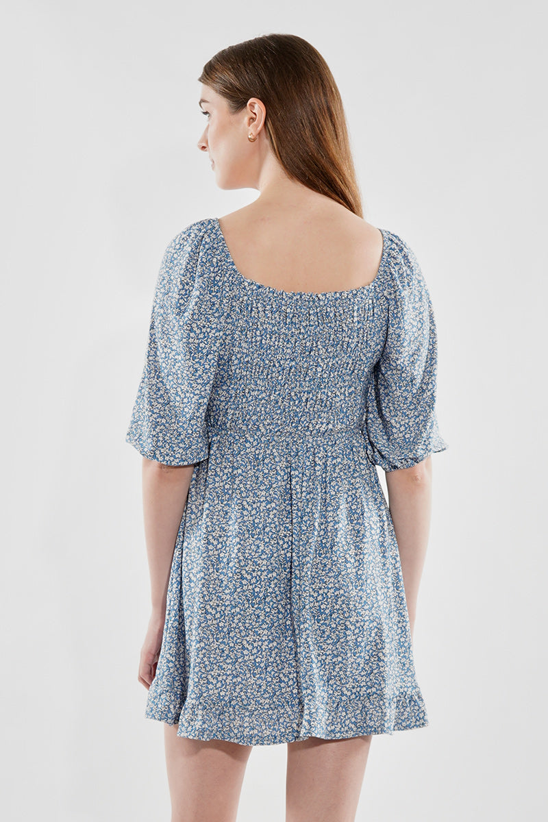 Beechers Brook Floral Puff Sleeve Smocked Day Dress - Blue