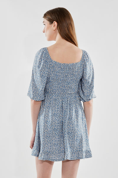 Beechers Brook Floral Puff Sleeve Smocked Day Dress - Blue