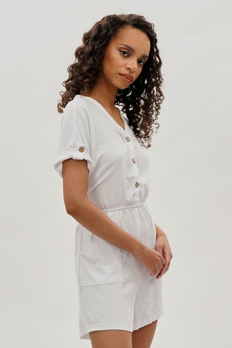 Stylexchange Vintage Back Tie Button Up Romper - White - Womens Jumpsuits & Rompers - Fairweather