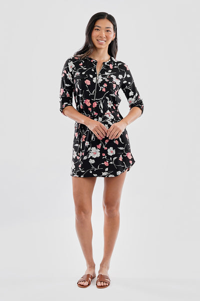 International INC Company Floral Tie Waist Half Zip Day Dress - Black - Womens Day Dresses - Fairweather