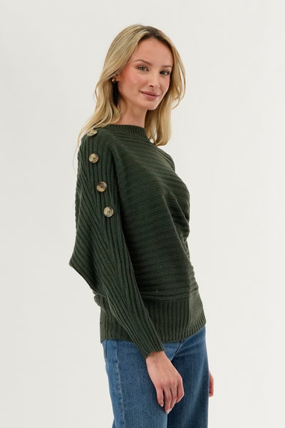 International INC Company Ribbed Button Detail Pullover Sweater - Olive - Womens Pullover Sweaters - Fairweather