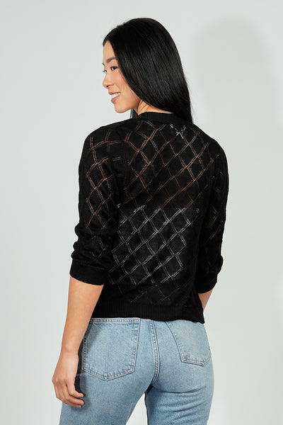 Beechers Brook Diamond Knit 3/4 Sleeve Open Cardigan - Black - Womens Cardigans - Fairweather