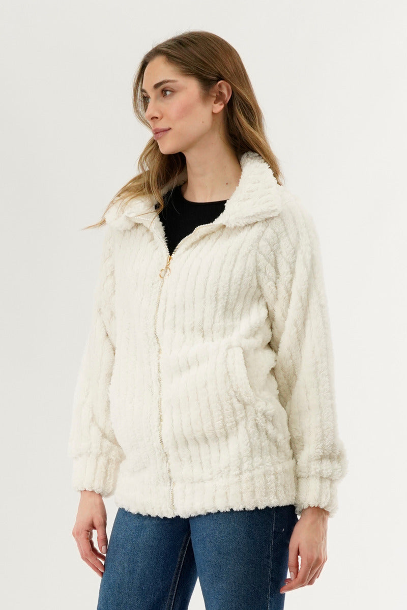 Fahrenheit Plush Zip Up Teddy Lightweight Jacket - White