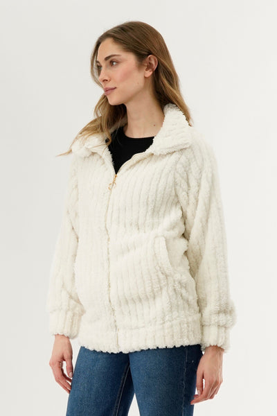 Fahrenheit Plush Zip Up Teddy Lightweight Jacket - White