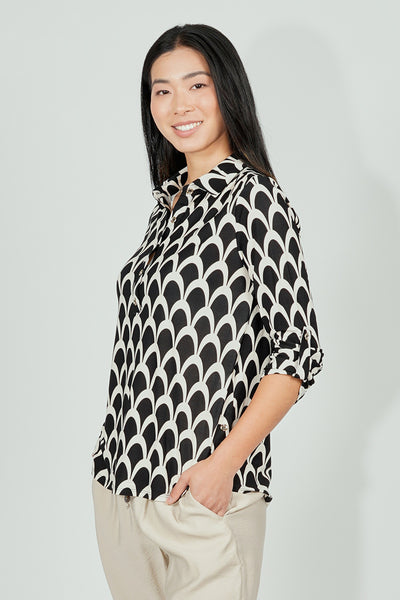 Beechers Brook Patterned Button Down Roll Up Sleeve Blouse - Black - Womens Shirts & Blouses - Fairweather