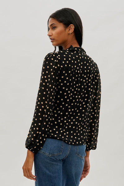 Beechers Brook Dotted Tie-Neck Long Sleeve Blouse - Black - Womens Shirts & Blouses - Fairweather