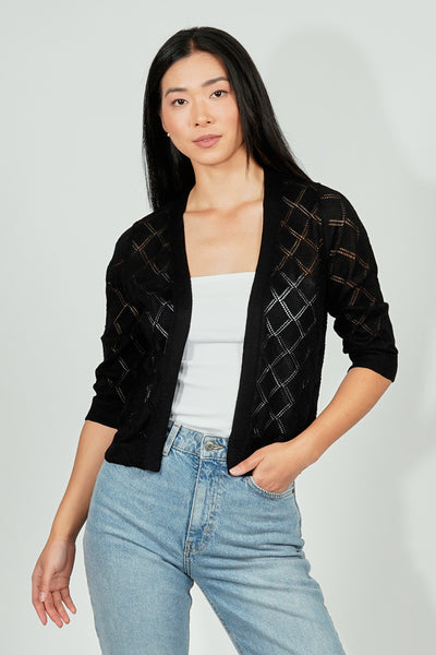 Beechers Brook Diamond Knit 3/4 Sleeve Open Cardigan - Black - Womens Cardigans - Fairweather