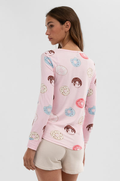 Canada Weather Gear Doughnut Print Henley Pajama Top - Pink - Womens Pajamas - Fairweather