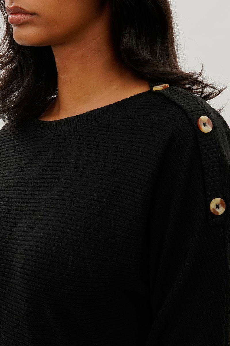 International INC Company Ribbed Shoulder Button Pullover Sweater - Black - Womens Pullover Sweaters - Fairweather