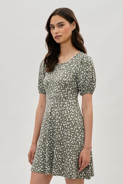 Costa Blanca Floral Puff Sleeve Day Dress - Olive - Womens Day Dresses - Fairweather