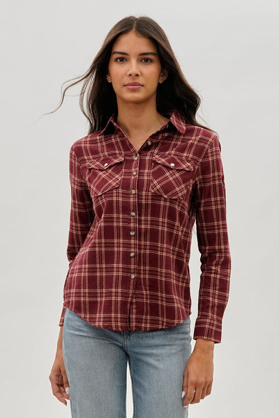Canada Weather Gear Plaid Button Up Shirt - Burgundy - Womens Shirts & Blouses - Fairweather