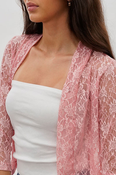 Impress Floral Lace Shrug Cardigan - Pink - Womens Cardigans - Fairweather
