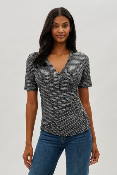 Beechers Brook Patterned Side Button Tee - Black - Womens Tees & Tank Tops - Fairweather