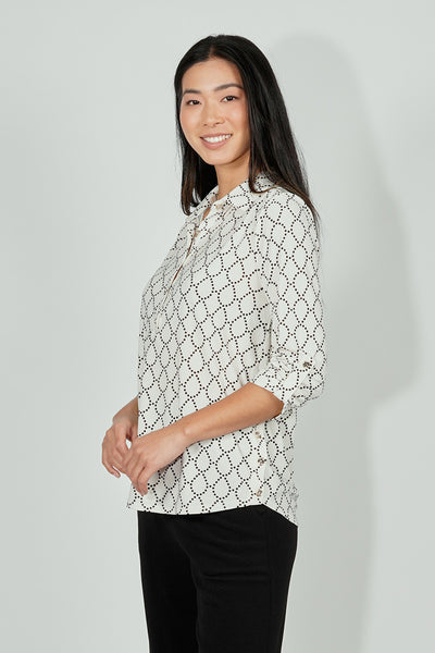 Beechers Brook Patterned Button Down Roll Up Sleeve Blouse - White - Womens Shirts & Blouses - Fairweather