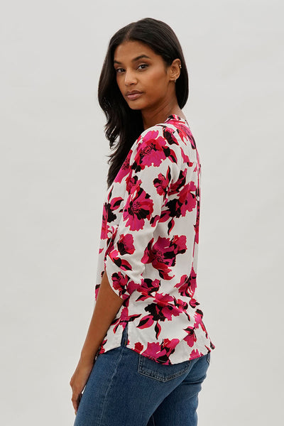 International INC Company Floral Roll Up Sleeve Blouse - White - Womens Shirts & Blouses - Fairweather