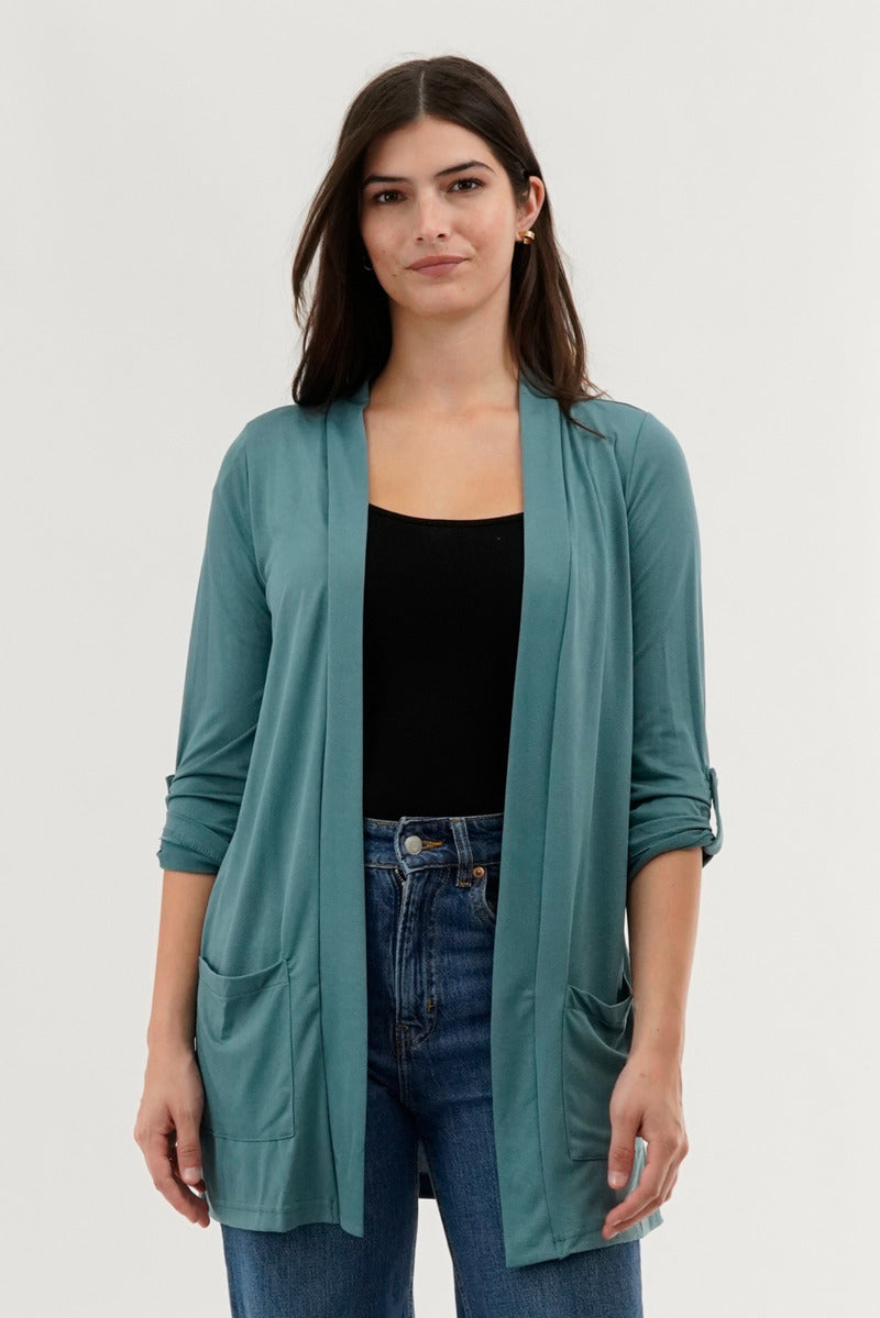 International INC Company Roll Up Sleeve Wrap Cardigan - Teal
