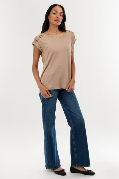 International INC Company Shoulder Lace Up Tee - Taupe - Womens Tees & Tank Tops - Fairweather