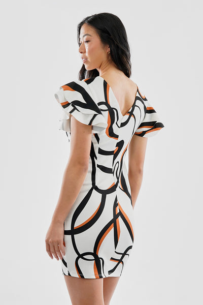 Costa Blanca Patterned Flutter Sleeve Scuba Day Dress - White - Womens Day Dresses - Fairweather