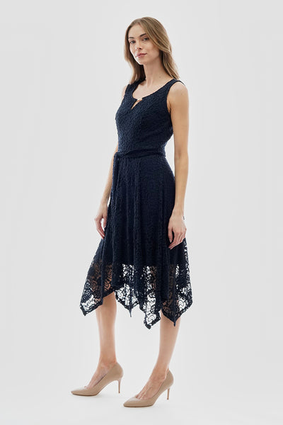 Costa Blanca Belted Lace Gold Bar Detail Day Dress - Navy - Womens Cocktail Dresses - Fairweather