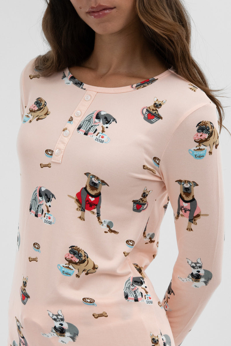 Canada Weather Gear Dog Print Henley Pajama Top - Blush - Womens Pajamas - Fairweather