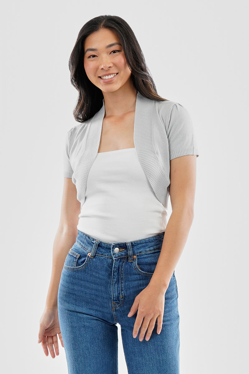 Beechers Brook Short Sleeve Open Front Shrug Cardigan - Grey - Womens Cardigans - Fairweather